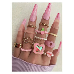 Y2K Pink & Gold 12pc Butterfly Stackable Ring Set